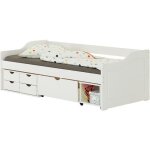 Lit fonctionnel senta avec rangements 4 tiroirs 1 caisson et 1 niche sur roulettes couchage 90 x 200 ...