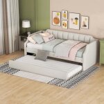 Lit gigogne 90x200(190) cm - modernluxe - avec sommier � lattes - tissu en lin - beige