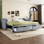 Lit gigogne - leytn - 90(180) x 200cm - 2 tiroirs de rangement - lin et mdf - gris Lit gigogne - leytn - 90(180) x 200cm - 2 tiroirs de rangement - lin et mdf - gris