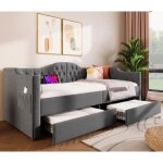 Lit gigogne enfant 90x200cm avec chargement usb type c - 2 tiroirs - lin gris