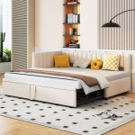 Lit gigogne - leytn - 90 / 180x200cm - velours beige - 2 places - multifonctionnel Lit gigogne - leytn - 90 / 180x200cm - velours beige - 2 places - multifonctionnel