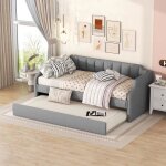 Lit gigogne - modernluxe - 90x200(190) cm - sommier � lattes - tissu en lin - gris