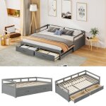 Lit gigogne avec tiroirs - 2 places - 2 x 90 x 200 cm - bois - panneaux de particules - gris