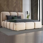 Lit honor en velours avec coffre de rangement et t�te de lit matelass�e - velours beige - 180x200