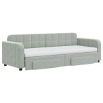 Lit de jour avec gigogne - salutuya - bd6583 - velours gris clair - 2 matelas inclus - 2 tiroirs de rangement ...