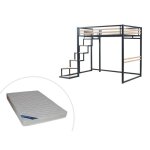 Lit mezzanine 140 x 200 cm - mtal et mdf - noir et naturel + matelas - jogui