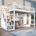Lit mezzanine 90200cm - lit enfant simple avec bureau escaliers casiers armoire et sommier - bois - ...