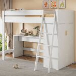 Okwish lit mezzanine enfant 90�200 cm - �chelle - bureau - armoire et sommier - bois - blanc (sans matelas) ...