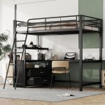 Lit mezzanine 90×200cm - lit simple avec 2 tiroirs bureau en forme de l et sommier - métal noir Lit mezzanine 90×200cm - lit simple avec 2 tiroirs bureau en forme de l et sommier - métal noir