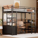 Lit mezzanine 90�200cm - lit simple avec bureau prise et usb plusieurs �tag�res et placard de rangement ...