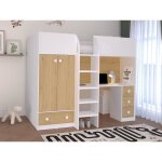 Lit mezzanine 90 x 190 cm avec armoire et bureau - blanc et naturel - cinamo Lit mezzanine 90 x 190 cm avec armoire et bureau - blanc et naturel - cinamo