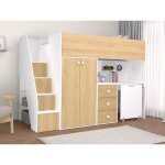 Lit mezzanine 90 x 190 cm avec armoire et bureau - blanc et naturel + matelas - lanilato