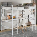 Lit mezzanine 90x200 - avec 2 étagères bureau et une grande bibliothèque - métal blanc - pour enfants ... Lit mezzanine 90x200 - avec 2 étagères bureau et une grande bibliothèque - métal blanc - pour enfants ...