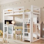 Lit mezzanine - leytn - 90x200 cm - bois avec bureau - 4 compartiments de rangement - blanc Lit mezzanine - leytn - 90x200 cm - bois avec bureau - 4 compartiments de rangement - blanc