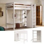 Lit mezzanine 90x200cm avec armoire �tag�res barri�res anti - chutes et �chelle cadre en pin blanc