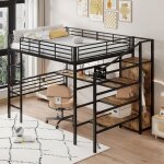 Lit mezzanine - leytn - 140x200cm - mtal + mdf - bureau intgr - escalier de rangement