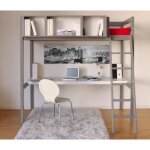 Lit mezzanine adulte lou 90x190 cm + sommier - bois massif laqu gris - bureau et rangement 3 niches