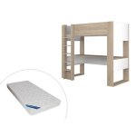 Lit mezzanine avec bureau et rangements intgrs - 90 x 200 cm - chne et blanc + matelas - noah ii
