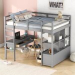 Lit mezzanine enfant 140 * 200cm avec tiroirs et bureau - sommier  lattes - bois de pin - gris