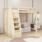 Lit mezzanine enfant - redom - 90x200cm - avec escalier de rangement - armoire intgre - bois naturel ...