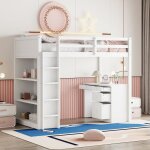 Lit mezzanine enfant - leytn - 90 x 200 cm - bois blanc - armoire de rangement - bureau intgr