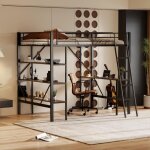 Lit mezzanine enfant - leytn - 90x200 cm - mtal noir - bureau et tagres - scurit renforce