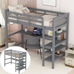 Lit mezzanine enfant 90x200cm - 2 places - avec bureau et tagres de rangement - bois de pin et mdf ...