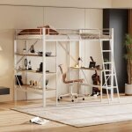 Lit mezzanine enfant 90x200cm - lit en fer - okwish - bureau 3 �tag�res - sommier inclus - m�tal blanc ...