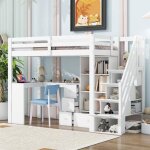 Lit mezzanine enfant 90x200cm - okwish - bureau 3 tiroirs - rangement ouvert - escabeau escamotable et ... Lit mezzanine enfant 90x200cm - okwish - bureau 3 tiroirs - rangement ouvert - escabeau escamotable et ...