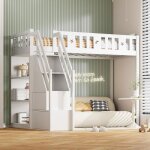 Lit mezzanine enfant - blanc - 90x200 cm - bois massif - Échelle de rangement - Étagères intégrées Lit mezzanine enfant - blanc - 90x200 cm - bois massif - Échelle de rangement - Étagères intégrées