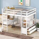 Lit mezzanine enfant avec bureau tiroirs et tagres cadre en pin blanc - modernluxe - 140x200cm - a ...
