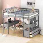 Lit mezzanine enfant avec bureau et tiroirs de rangement - jaerliub - gris - bois massif - 140x200cm Lit mezzanine enfant avec bureau et tiroirs de rangement - jaerliub - gris - bois massif - 140x200cm