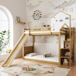 Lit mezzanine enfant cabane avec toboggan - redom - blanc + naturel - 3 casiers - 90x200cm