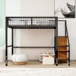 Lit mezzanine 90x200 cm avec armoire et escalier - cadre en m�tal - noir