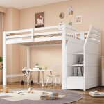 Lit mezzanine enfant 90x200cm - okwish - escalier de rangement - sommier � lattes - barri�re - bois blanc ...