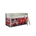 Lit mezzanine enfant vipack scott avec rideau de jeu fire truck en bois massif blanc 90x200 cm
