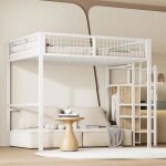 Lit mezzanine - leytn - 140 x 200 cm - mtal - chelle avec rangement - garde - corps de scurit