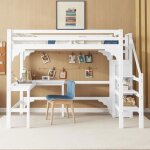 Lit mezzanine - leytn - 140x200cm - bois de pin et mdf - bureau en l - armoire ouverte - blanc