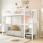 Lit mezzanine - leytn - 90x200 cm - bois massif - escalier de rangement - blanc