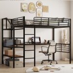 Lit mezzanine - leytn - 90x200cm - mtal + mdf - bureau intgr - escalier de rangement