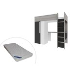 Lit mezzanine 90 x 200 cm avec armoire et bureau - anthracite et blanc + matelas - nicolas ii
