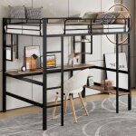 Lit mezzanine - redom - 90x200 cm - m�tal noir - bureau et biblioth�que inclus - 1 place