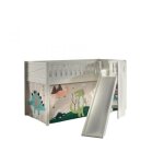 Lit mezzanine toboggan et rideau dino - vipack - scott - bois massif - enfant - blanc