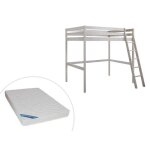Lit mezzanine - 140 x 190 cm - pin massif - blanchi + matelas - gedeon ii