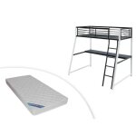 Lit mezzanine malicia - 90 x 190 cm - bureau intégré - noir et blanc + matelas Lit mezzanine malicia - 90 x 190 cm - bureau intégré - noir et blanc + matelas