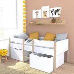 Lit mi - hauteur zephir 90x190 + 2 grands tiroirs + sommier / blanc & vernis naturel