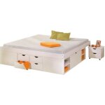 Lit multi - rangements - pegane - blanc - 160 x 200 cm - bois - a lattes - avec tiroirs Lit multi - rangements - pegane - blanc - 160 x 200 cm - bois - a lattes - avec tiroirs