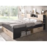 Lit avec t�te de lit rangements et tiroirs - 140 x 190 cm - coloris : naturel et anthracite - leandre ...