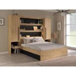 Lit pont 160 x 200 cm avec rangements - avec leds - coloris : naturel et noir + sommier + matelas - varly ...