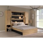 Lit pont 160 x 200 cm avec rangements - avec leds - coloris : naturel et noir + sommier - varly